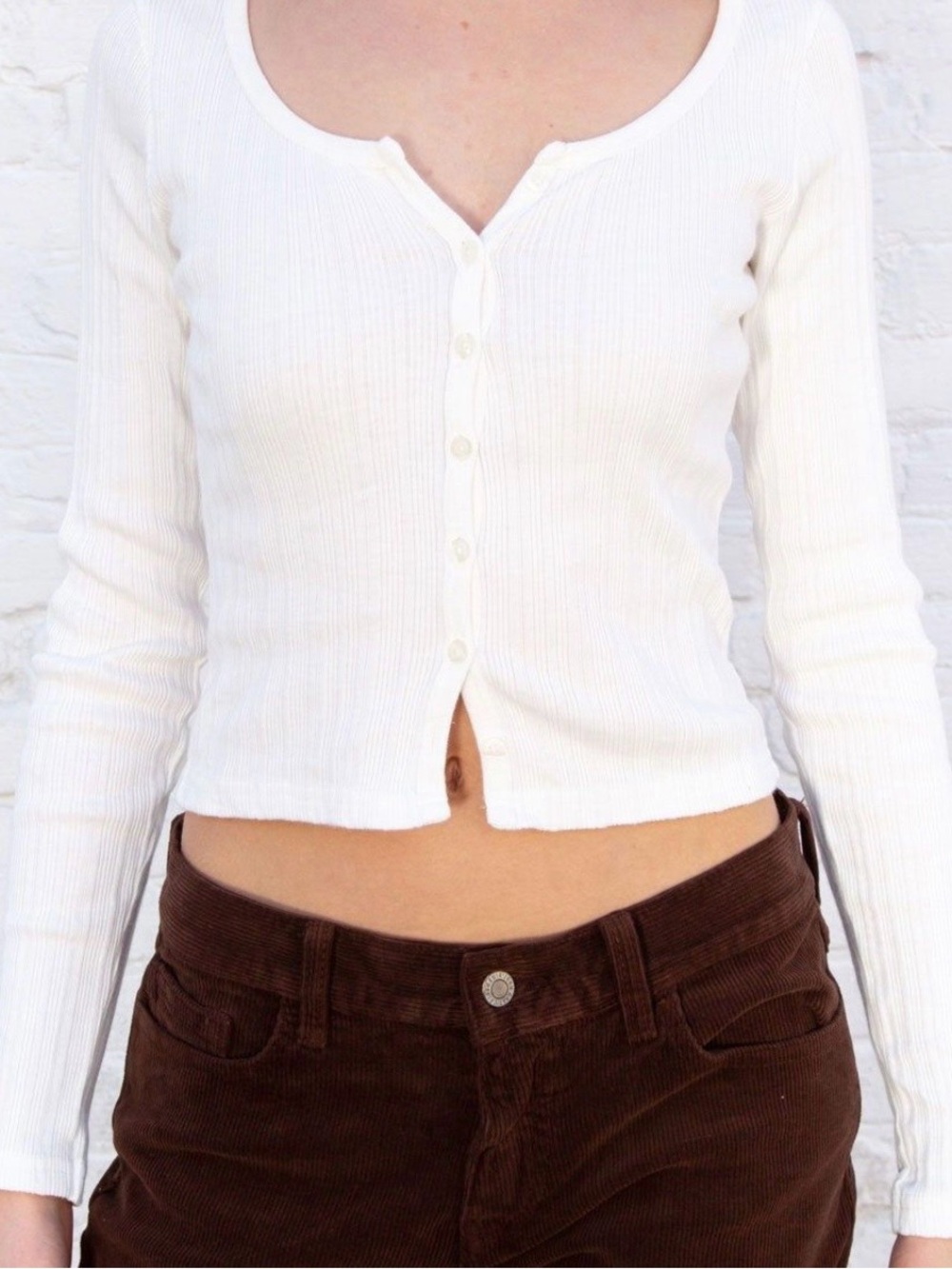 Brandy Melville Zelly White Ribbed Long Sleeve Button Top